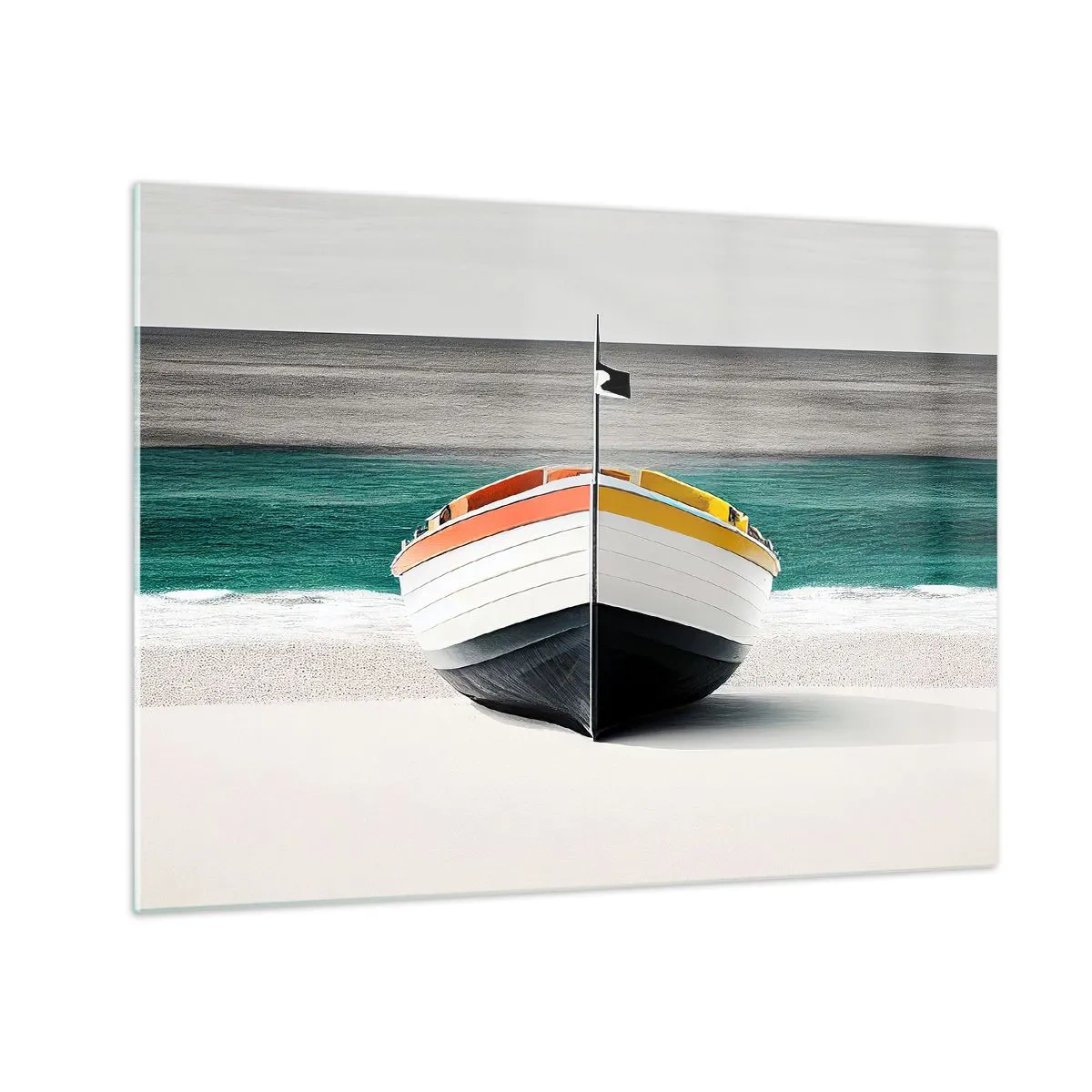 Obraz na szkle - Kolorowa łódź na plaży z turkusowym morzem w tle - 70x50cm - Na swoim miejscu - Nowoczesna dekoracja ścienna do salonu i sypialni ARTTOR