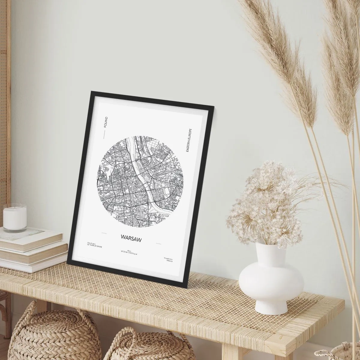 Plakat w czarnej ramie - Minimalistyczna mapa Warszawy w okręgu - 50x70cm - Anatomia Warszawy - Nowoczesna dekoracja ścienna do salonu i sypialni ARTTOR