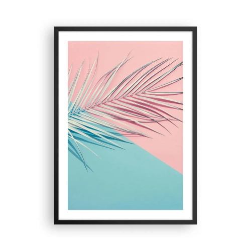 Plakat w czarnej ramie - Palma na tle pastelowych różowo-błękitnych kolorów - 50x70cm - Tropikalna impresja - Nowoczesna dekoracja ścienna do salonu i sypialni ARTTOR