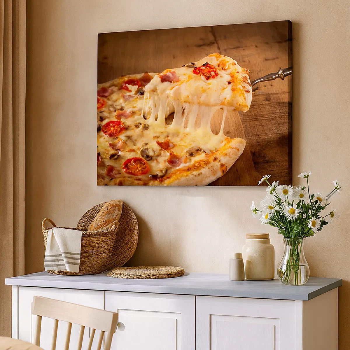 Obraz na płótnie - Pizza z ciągnącym się serem - 70x50cm - Arcydzieło sztuki włoskiej - Nowoczesna dekoracja ścienna do salonu i sypialni ARTTOR
