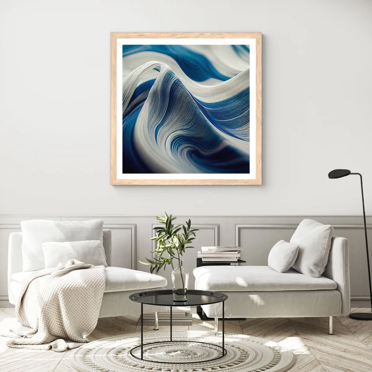 Plakat w ramie jasny dąb - Płynność błękitu i bieli - 30x30 cm