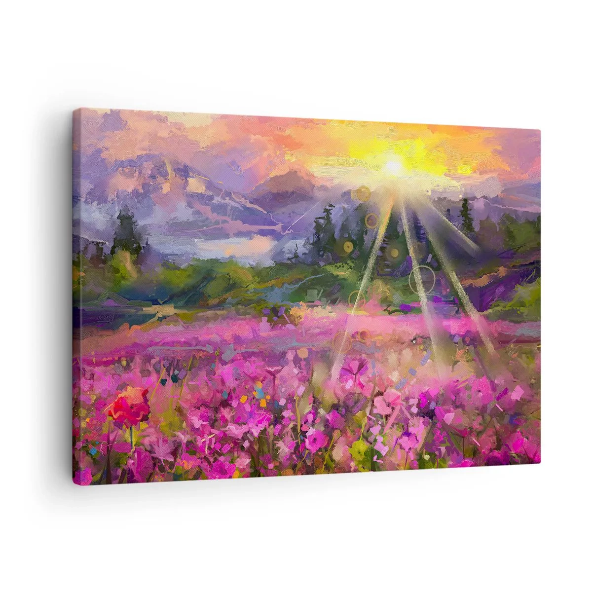 Obraz na płótnie - Malownicza łąka w promieniach zachodzącego słońca - 70x50cm - W dolinie pod opieką słońca - Nowoczesna dekoracja ścienna do salonu i sypialni ARTTOR