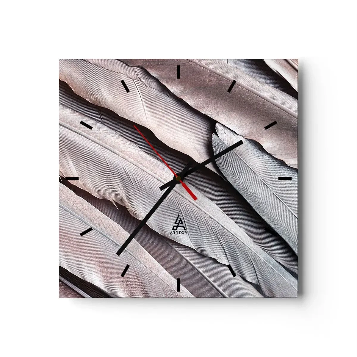 Zegar ścienny - Delikatne pióra w subtelnych odcieniach szarości i beżu - 30x30cm - W różowej srebrzystości - Nowoczesna dekoracja ścienna do salonu i sypialni ARTTOR