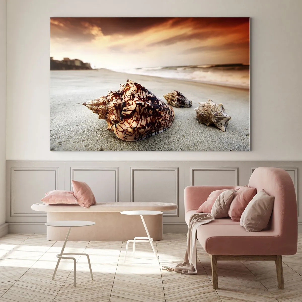 Obraz na szkle - Muszle na plaży o zachodzie słońca - 100x70cm - Wygnanki fal - Nowoczesna dekoracja ścienna do salonu, kuchni i sypialni ARTTOR