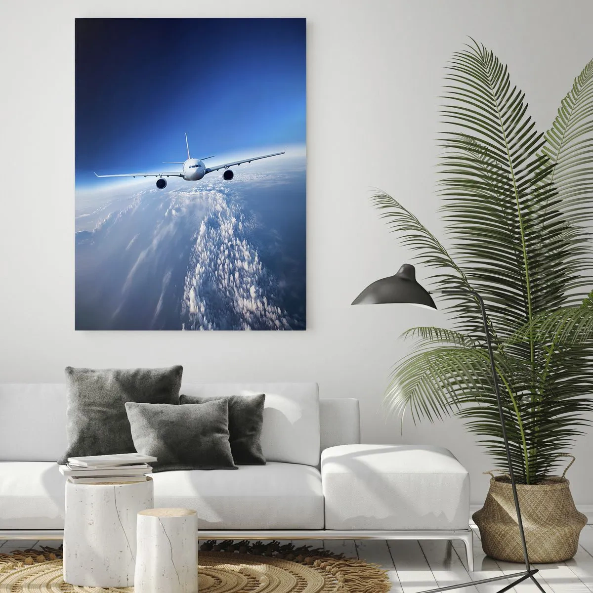 Obraz na szkle - Samolot lecący nad chmurami na tle błękitnego nieba - 70x100cm - Lecę bo chę - Nowoczesna dekoracja ścienna do salonu i sypialni ARTTOR
