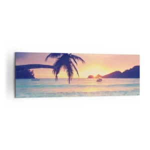 Obraz na płótnie - Plaża z palmą i zachodem słońca nad oceanem - 160x50cm - Wieczór w zatoce - Nowoczesna dekoracja ścienna do salonu i sypialni ARTTOR
