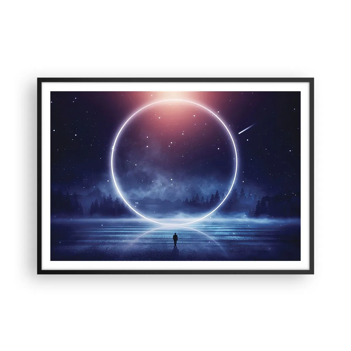 Plakat w czarnej ramie - Magiczny krajobraz z postacią i świetlistym kręgiem nocą - 100x70cm - Już tu są… - Nowoczesna dekoracja ścienna do salonu i sypialni ARTTOR