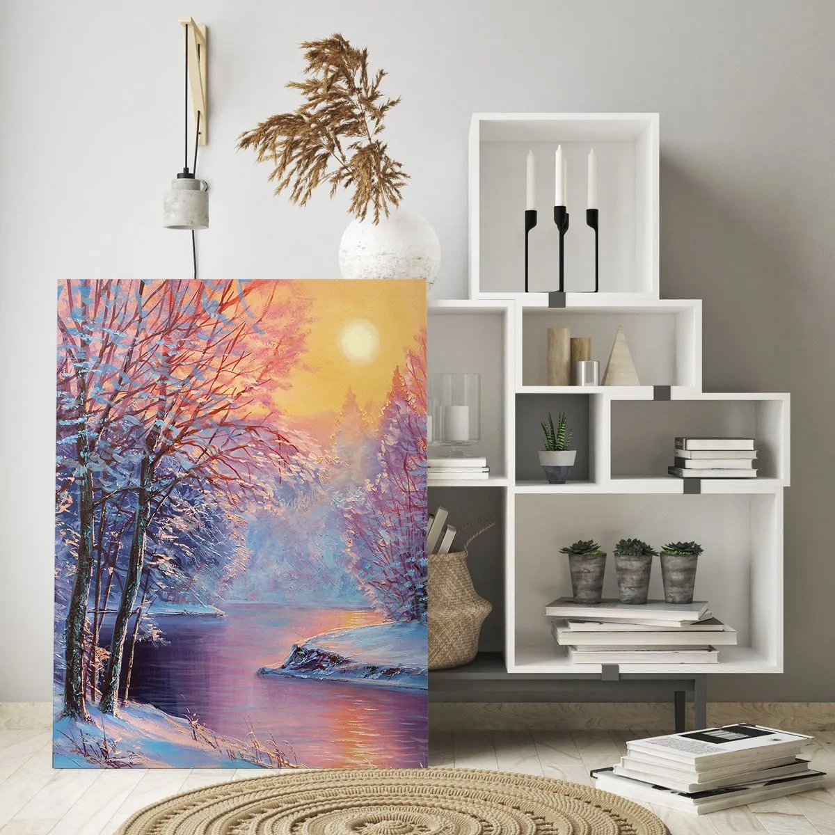 Obraz na szkle - Zimowy pejzaż z rzeką i zachodem słońca - 50x70cm - Barwy zimy - Nowoczesna dekoracja ścienna do salonu, kuchni i sypialni ARTTOR