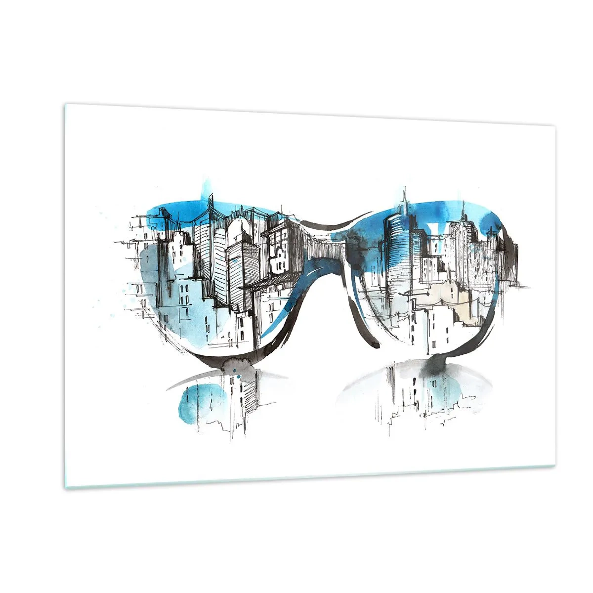Obraz na szkle - Panorama miasta odbita w okularach przeciwsłonecznych - 120x80cm - Wielkomiejski szyk - Nowoczesna dekoracja ścienna do salonu, kuchni i sypialni ARTTOR