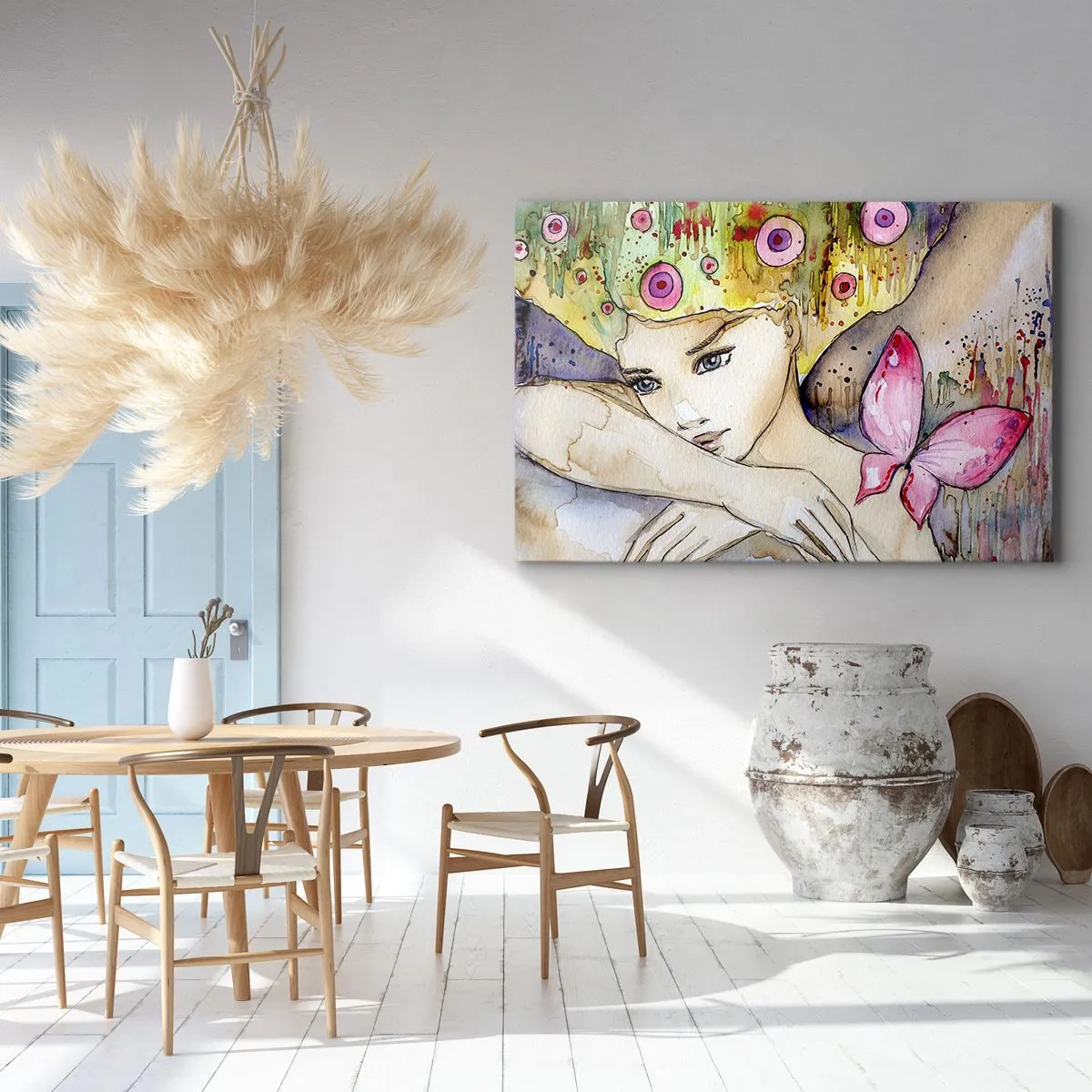 Obraz na płótnie - Kobieta z abstrakcyjną fryzurą i różowym motylem - 100x70cm - Motyla księżniczka - Nowoczesna dekoracja ścienna do salonu, kuchni i sypialni ARTTOR