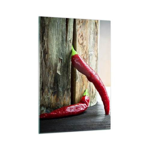 Obraz na szkle - Dwie czerwone papryczki chili na drewnianym tle z rustykalnym akcentem - 70x100cm - Red hot chili peppers - Nowoczesna dekoracja ścienna do salonu i sypialni ARTTOR