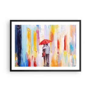 Plakat w czarnej ramie - Para pod czerwoną parasolką na tle kolorowych budynków - 70x50cm - Niech pada dalej - Nowoczesna dekoracja ścienna do salonu i sypialni ARTTOR