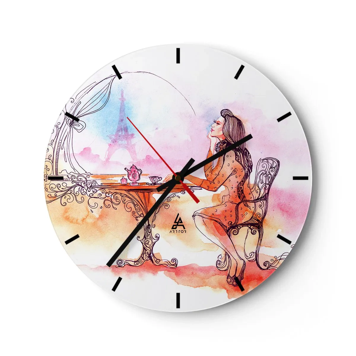 Zegar ścienny - Kobieta przy stole z widokiem na Wieżę Eiffla w pastelowych kolorach - 30x30cm - Paryski szyk - Nowoczesna dekoracja ścienna do salonu, kuchni i sypialni ARTTOR