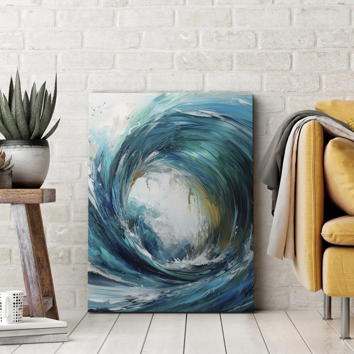Obraz na płótnie - Dynamiczna fala oceaniczna tworząca wir w odcieniach błękitu i złota - 50x70cm - Morski portal - Nowoczesna dekoracja ścienna do salonu, kuchni i sypialni ARTTOR