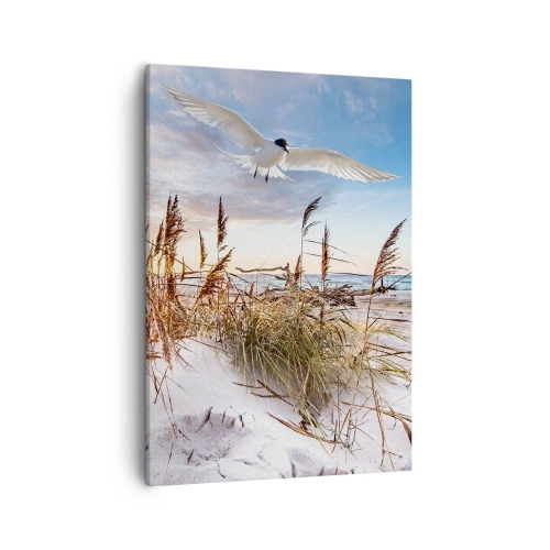 Obraz na płótnie - Mewa lecąca nad plażą z trawami i wydmami o zachodzie słońca - 50x70cm - Wiatr od morza - Nowoczesna dekoracja ścienna do salonu, kuchni i sypialni ARTTOR