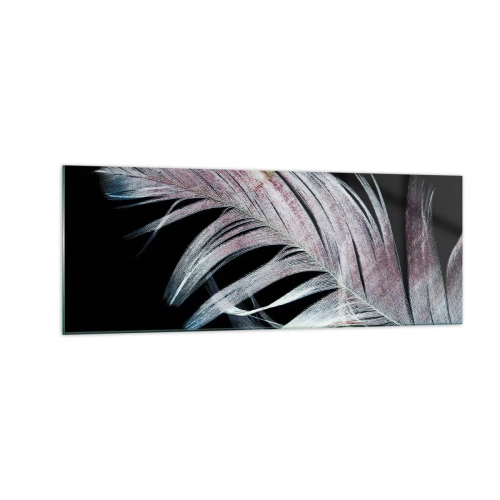Obraz na szkle - Delikatne pióro na czarnym tle w artystycznym ujęciu - 140x50cm - Pomyśl o dotyku - Nowoczesna dekoracja ścienna do salonu i sypialni ARTTOR