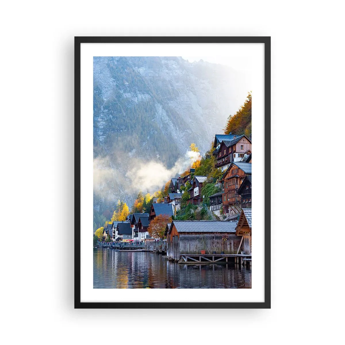 Plakat w czarnej ramie - Górskie miasteczko nad jeziorem otoczone jesienną aurą - 50x70cm - Alpejskie klimaty - Nowoczesna dekoracja ścienna do salonu i sypialni ARTTOR