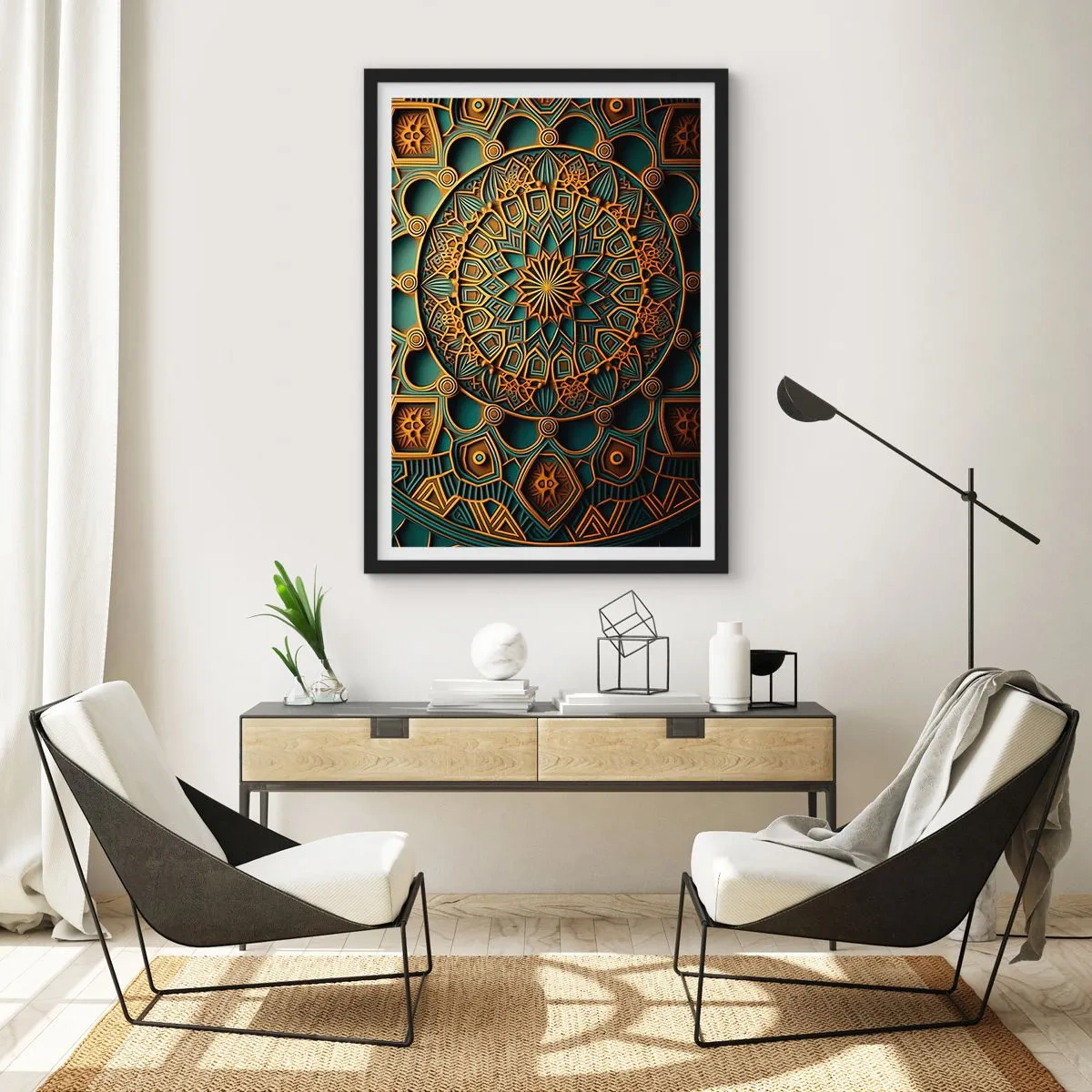 Plakat w czarnej ramie - Złota mandala na ciemnym tle - 50x70cm - W arabskim klimacie - Nowoczesna dekoracja ścienna do salonu i sypialni ARTTOR
