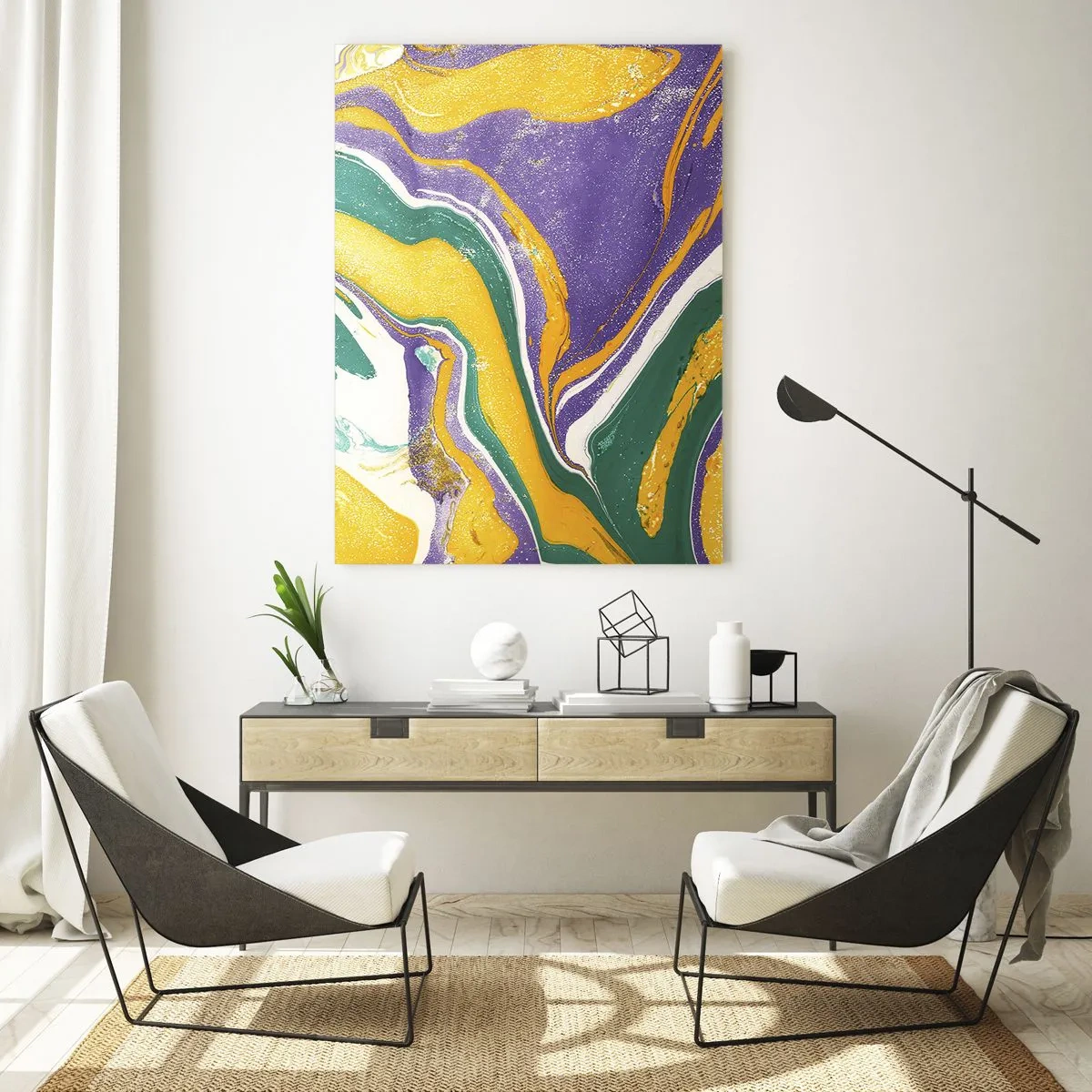 Obraz na szkle - Abstrakcyjny wzór z falami w żółci, fiolecie i zieleni - 50x70cm - Fale barw - Nowoczesna dekoracja ścienna do salonu, kuchni i sypialni ARTTOR