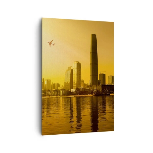 Obraz na płótnie - Panorama miasta o zachodzie słońca z wieżowcami i samolotem - 70x100cm - Złote miasto - Nowoczesna dekoracja ścienna do salonu i sypialni ARTTOR