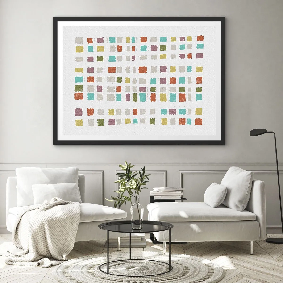 Plakat w czarnej ramie - Kolorowe kwadraty w minimalistycznym układzie na białym tle - 70x50cm - Nieznana gra - Nowoczesna dekoracja ścienna do salonu i sypialni ARTTOR