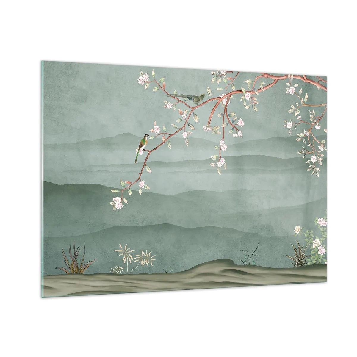 Obraz na szkle - Gałązka z kwiatami i ptakami na tle zielonych wzgórz - 100x70cm - Wiosna, ach, to ty - Nowoczesna dekoracja ścienna do salonu, kuchni i sypialni ARTTOR
