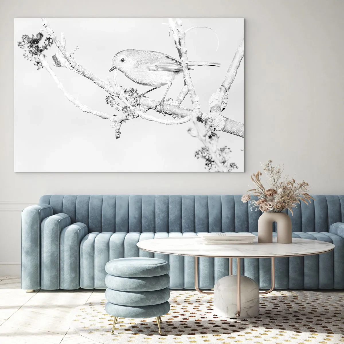 Obraz na szkle - Ptak siedzący na gałęzi w zimowej, monochromatycznej scenerii - 70x50cm - Zimowy poranek - Nowoczesna dekoracja ścienna do salonu i sypialni ARTTOR