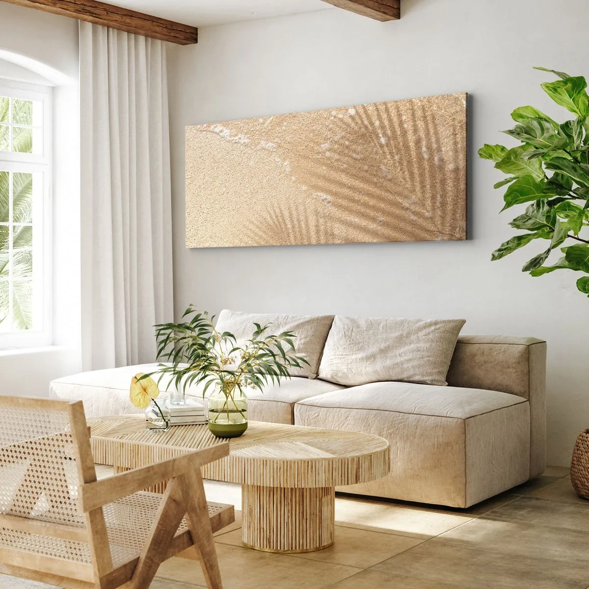Obraz na płótnie - Cień palmy na piasku z delikatnym wzorem fal - 160x50cm - Cień gorącego lata - Nowoczesna dekoracja ścienna do salonu i sypialni ARTTOR