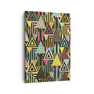 Obraz na płótnie - Kolorowa kompozycja geometrycznych trójkątów - 50x70cm - W rytmie na trzy - Nowoczesna dekoracja ścienna do salonu, kuchni i sypialni ARTTOR