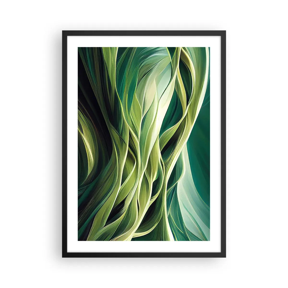 Plakat w czarnej ramie - Abstrakcyjna kompozycja organicznych, zielonych kształtów - 50x70cm - Abstrakcyjna gra w zielone - Nowoczesna dekoracja ścienna do salonu i sypialni ARTTOR