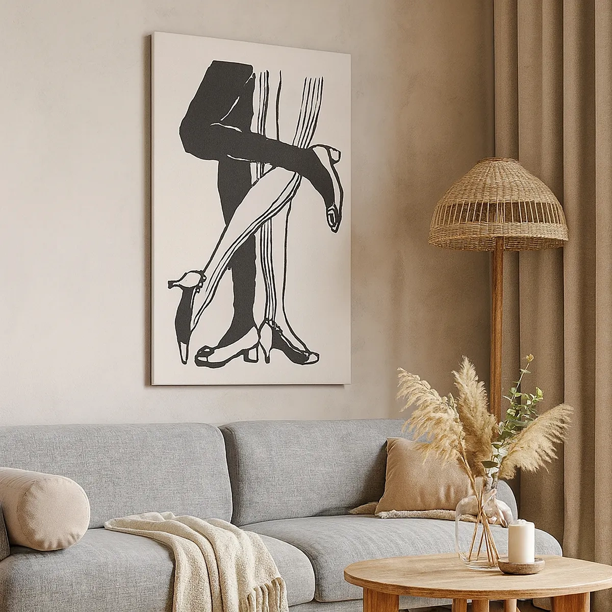 Obraz na płótnie - Minimalistyczna czarno-biała ilustracja splecionych nóg tańczącej pary - 50x70cm - Kobiecy atrybut - Nowoczesna dekoracja ścienna do salonu, kuchni i sypialni ARTTOR