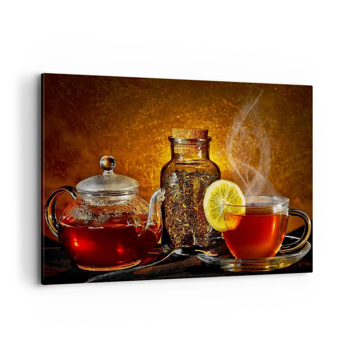 Obraz na płótnie - Herbata w szklanym dzbanku z cytryną i sypaną herbatą - 120x80cm - W stylu holenderskich mistrzów - Nowoczesna dekoracja ścienna do salonu, kuchni i sypialni ARTTOR