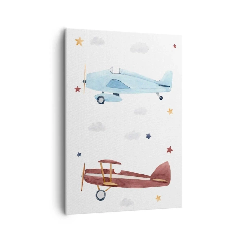 Obraz na płótnie - Ilustracja dwóch samolotów w stylu akwarelowym na białym tle - 50x70cm - Panie pilocie, czekamy! - Nowoczesna dekoracja ścienna do salonu, kuchni i sypialni ARTTOR