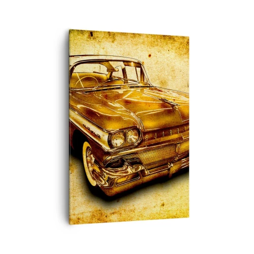 Obraz na płótnie - Złoty klasyczny samochód retro na tle vintage z efektem postarzenia - 70x100cm - Nieprzemijające piękno klasyki - Nowoczesna dekoracja ścienna do salonu i sypialni ARTTOR