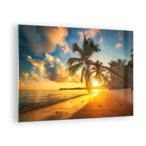 Obraz na szkle - Tropikalna plaża z palmami o zachodzie słońca - 70x50cm - Karaibskie marzenie - Nowoczesna dekoracja ścienna do salonu i sypialni ARTTOR