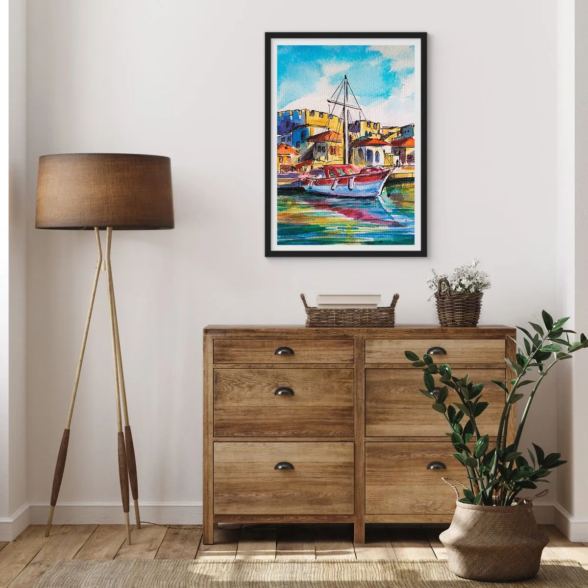 Plakat w czarnej ramie - Kolorowa akwarela z jachtem w nadmorskim miasteczku - 50x70cm - Tęczowe popołudnie - Nowoczesna dekoracja ścienna do salonu i sypialni ARTTOR