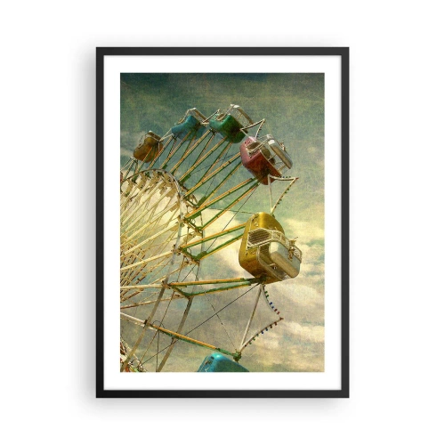 Plakat w czarnej ramie - Retro diabelski młyn na tle chmur w stylu vintage - 50x70cm - Będzie, będzie zabawa… - Nowoczesna dekoracja ścienna do salonu i sypialni ARTTOR