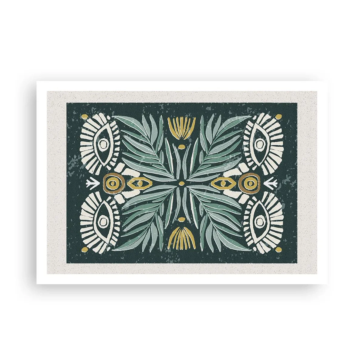 Plakat - Symetryczny wzór roślinny na zielonym tle - 100x70cm - Jak ludowa wycinanka - Nowoczesna dekoracja ścienna do salonu i sypialni ARTTOR