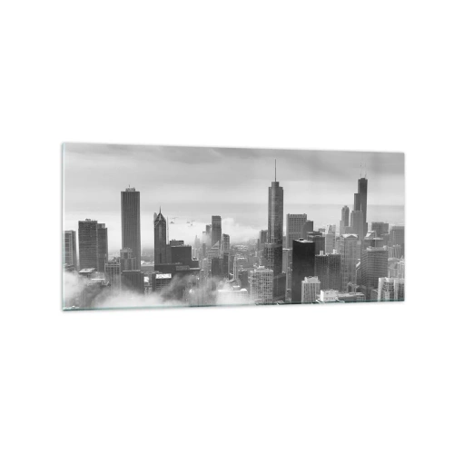 Obraz na szkle - Panorama miasta z wieżowcami w chmurach w czerni i bieli - 120x50cm - Pejzaż amerykański - Nowoczesna dekoracja ścienna do salonu i sypialni ARTTOR