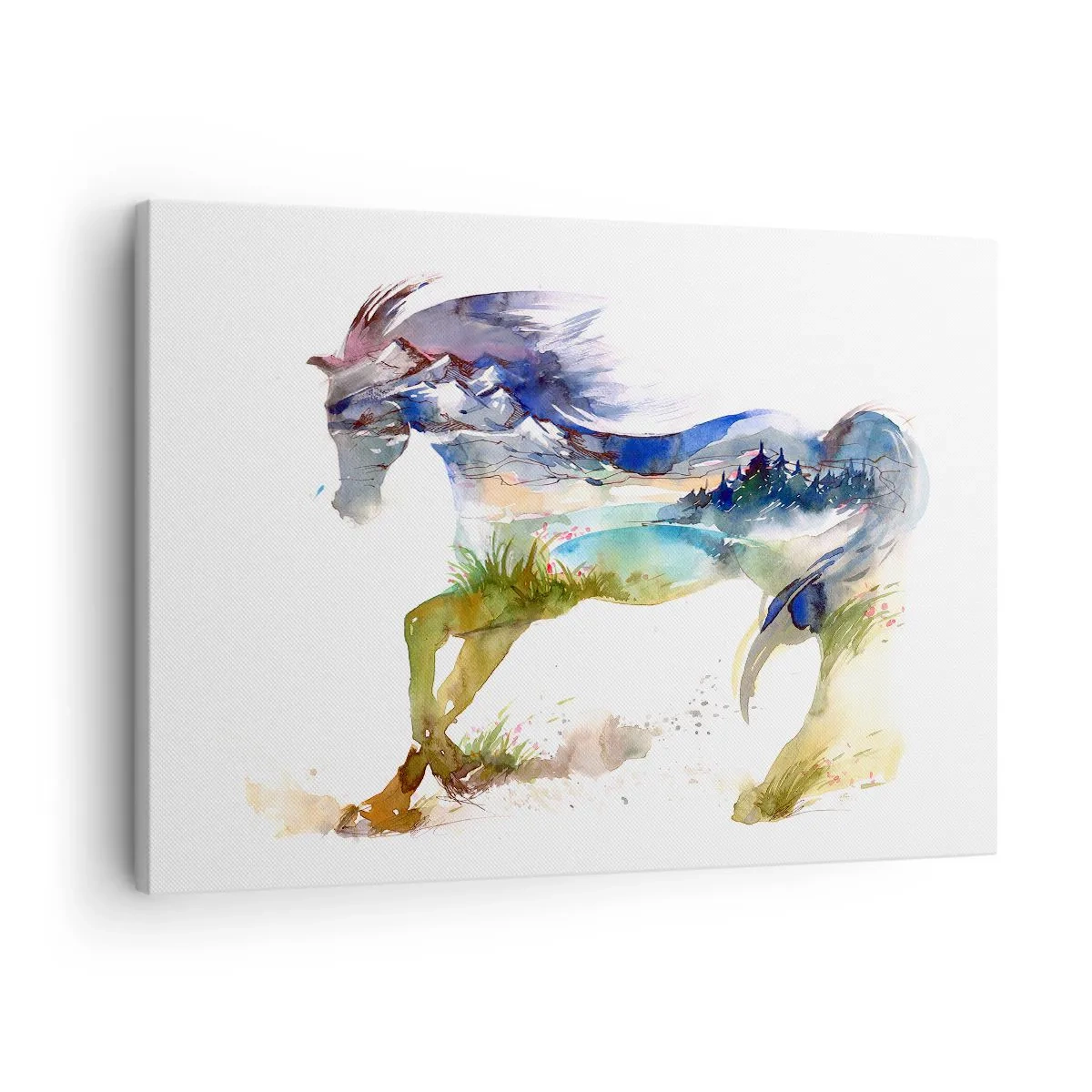 Obraz na płótnie - Akwarela konia z krajobrazem górskim w sylwetce - 70x50cm - Z łąki wprost do nieba - Nowoczesna dekoracja ścienna do salonu i sypialni ARTTOR