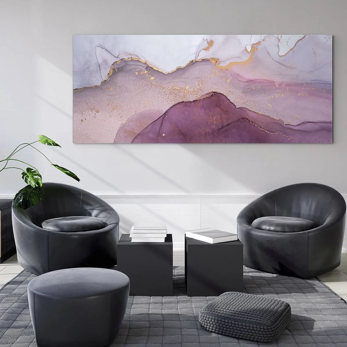 Obraz na szkle - Abstrakcyjna kompozycja w odcieniach fioletu i złota - 140x50cm - Fale lila i fioletu - Nowoczesna dekoracja ścienna do salonu i sypialni ARTTOR