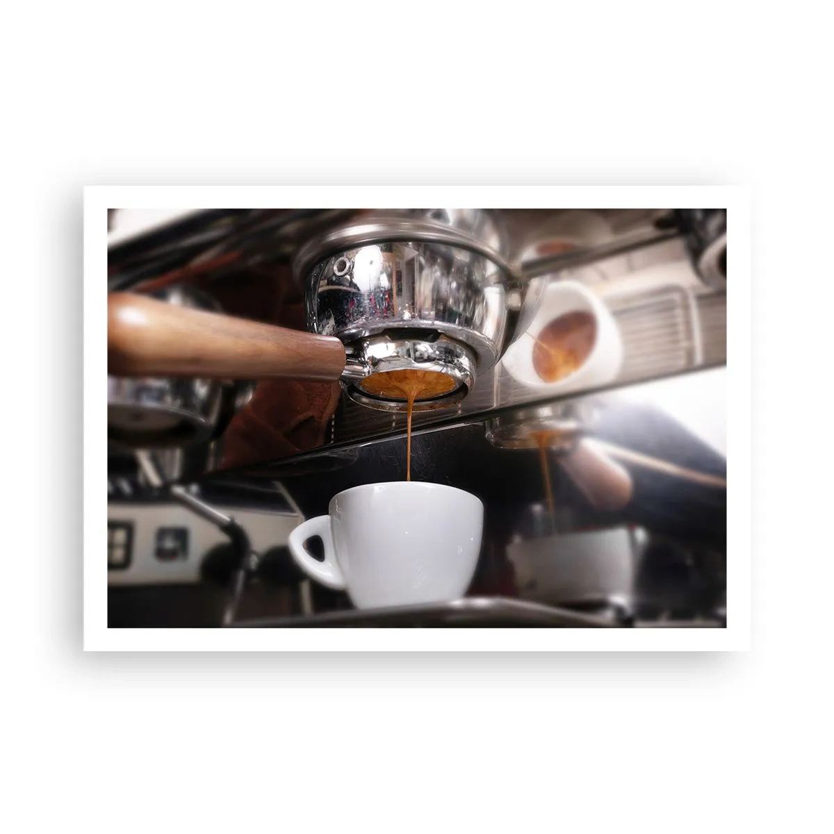Plakat - Zbliżenie na ekspres do kawy przygotowujący świeże espresso - 100x70cm - Dobra chwila dnia - Nowoczesna dekoracja ścienna do salonu i sypialni ARTTOR