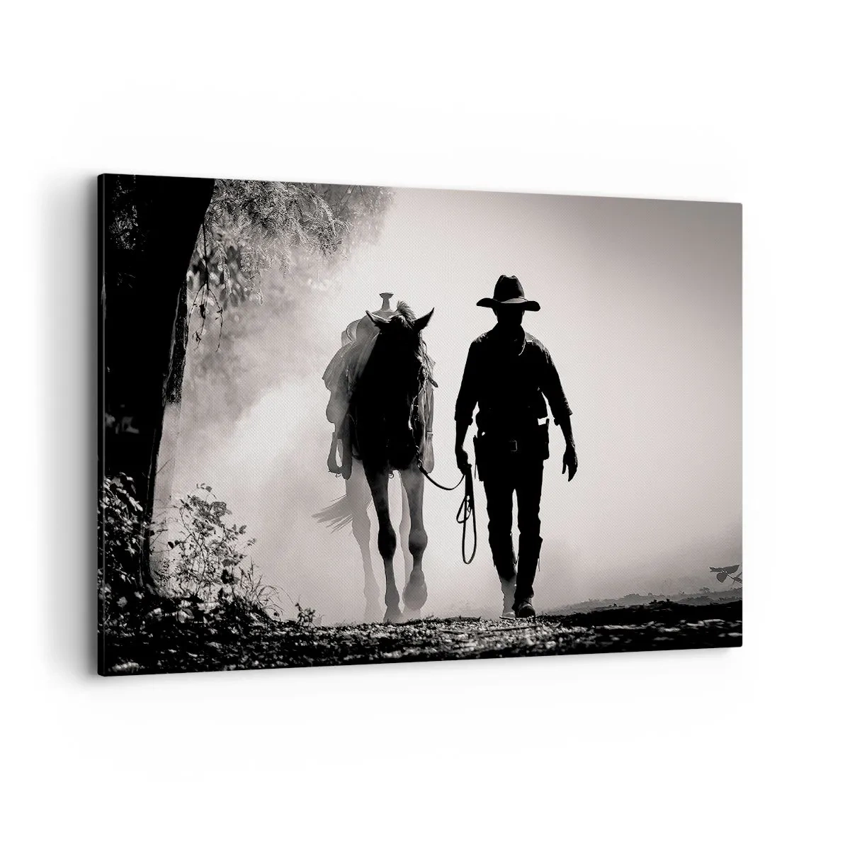 Obraz na płótnie - Kowboj z koniem w porannej mgle - 120x80cm - Teksański poranek - Nowoczesna dekoracja ścienna do salonu, kuchni i sypialni ARTTOR