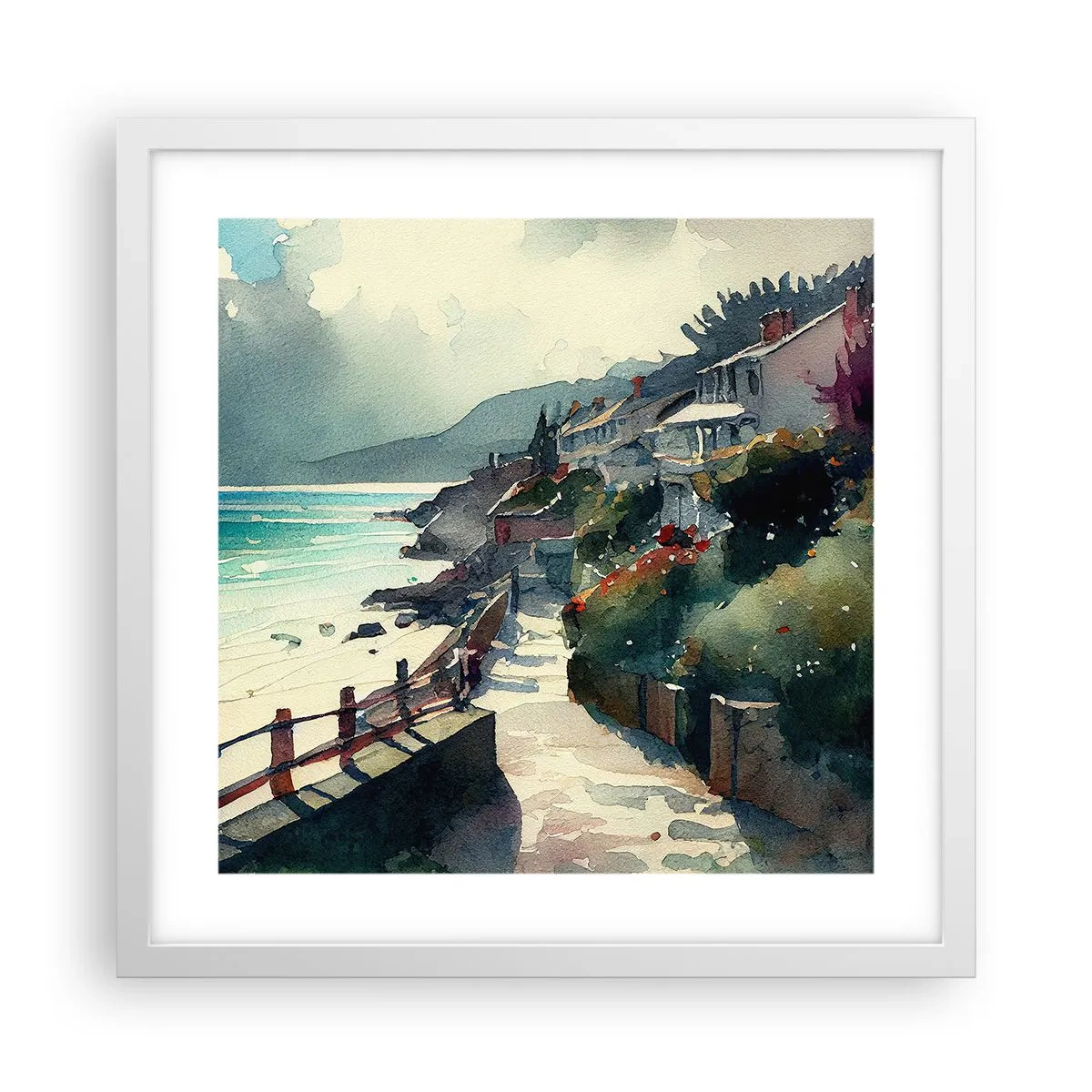 Plakat w białej ramie - Śródziemnomorskie miasteczko - 40x40 cm