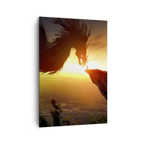 Obraz na płótnie - Smok i człowiek na skale w blasku zachodzącego słońca - 70x100cm - Pogromca smoka - Nowoczesna dekoracja ścienna do salonu i sypialni ARTTOR