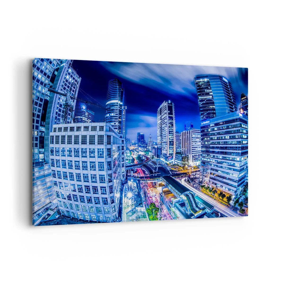 Obraz na płótnie - Nocna panorama miasta z drapaczami chmur i światłami ulic - 120x80cm - Rytmy nocnego miasta - Nowoczesna dekoracja ścienna do salonu, kuchni i sypialni ARTTOR