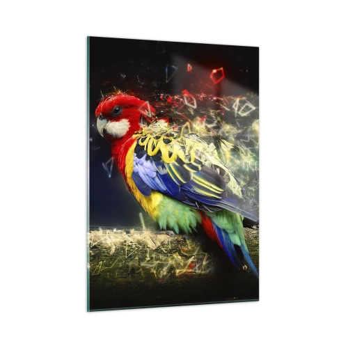 Obraz na szkle - Kolorowy papuga w artystycznej kompozycji z efektem rozbicia - 50x70cm - Posłaniec blasku - Nowoczesna dekoracja ścienna do salonu, kuchni i sypialni ARTTOR