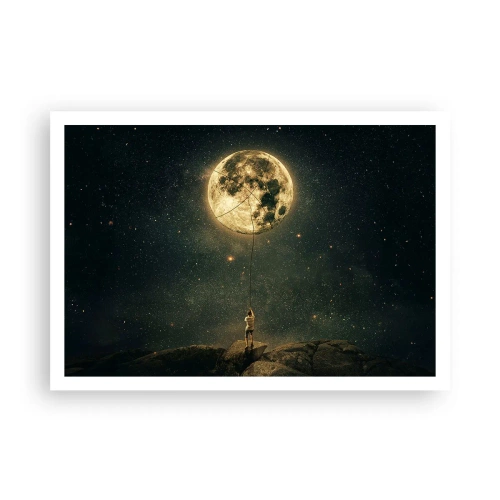 Plakat - Człowiek z Księżycem na tle gwieździstego nieba - 100x70cm - Jeden taki, co ukradł Księżyc - Nowoczesna dekoracja ścienna do salonu i sypialni ARTTOR