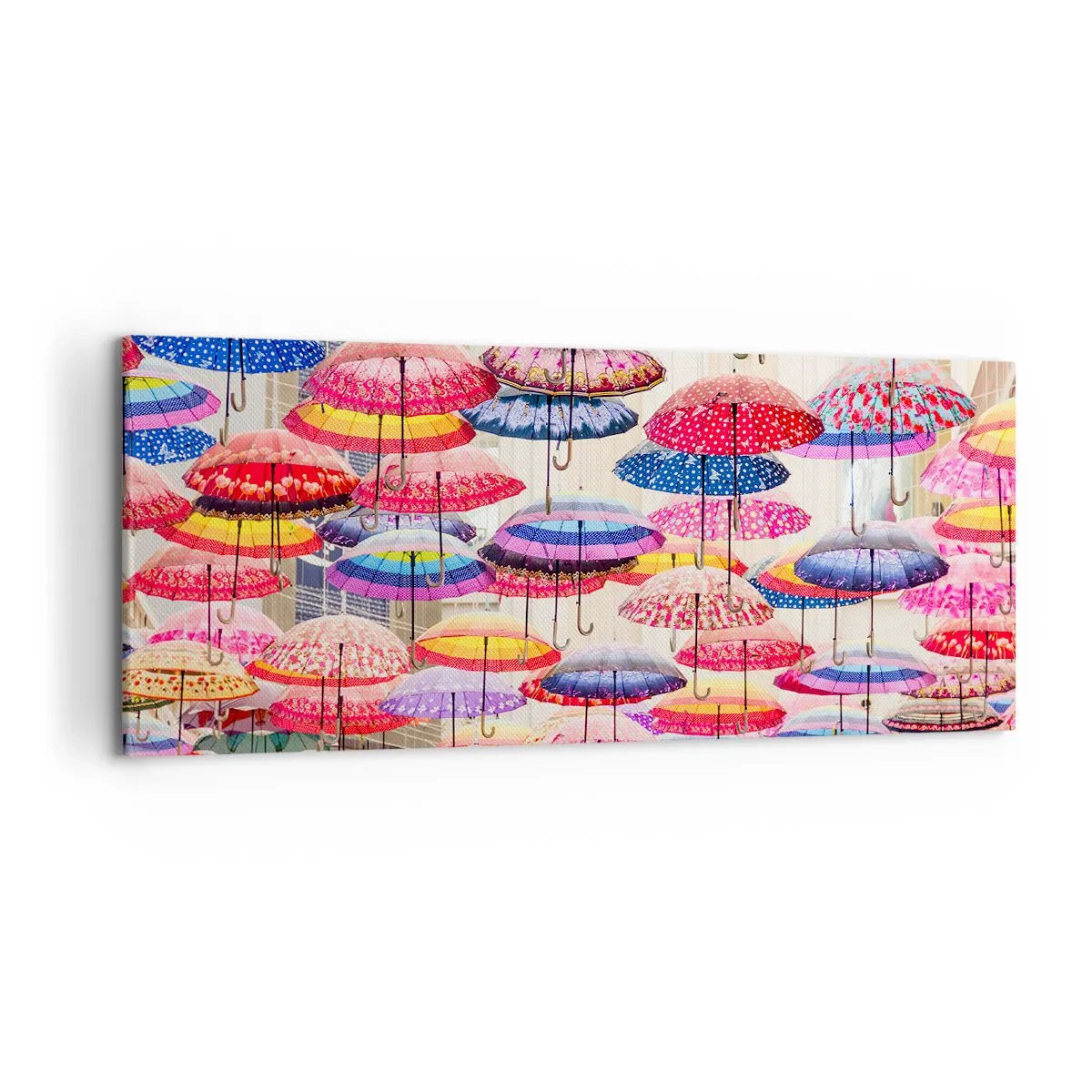 Obraz na płótnie - Kolorowe parasole zawieszone w powietrzu - 120x50cm - Miejska łąka - Nowoczesna dekoracja ścienna do salonu i sypialni ARTTOR