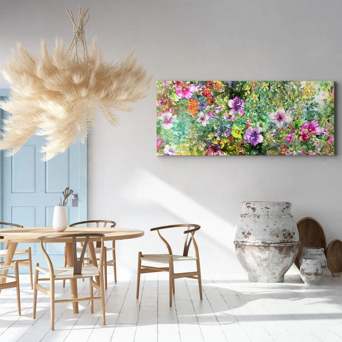 Obraz na płótnie - Kolorowa kompozycja kwiatów na zielonym tle - 160x50cm - W kwiaty na zatracenie - Nowoczesna dekoracja ścienna do salonu i sypialni ARTTOR